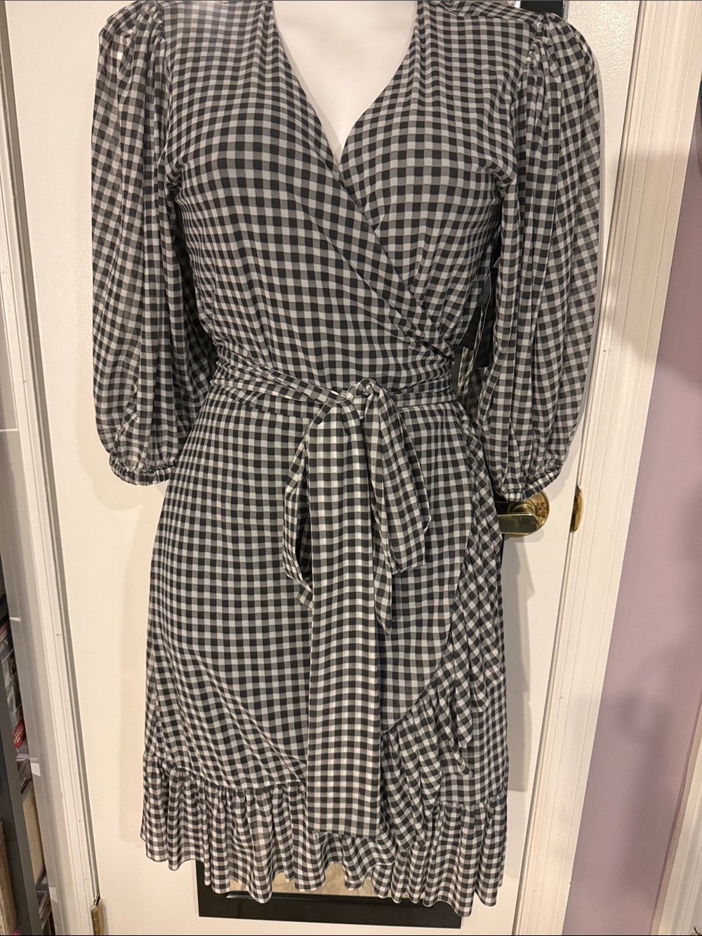 Ganni Black and White Gingham Wrap Midi Dress